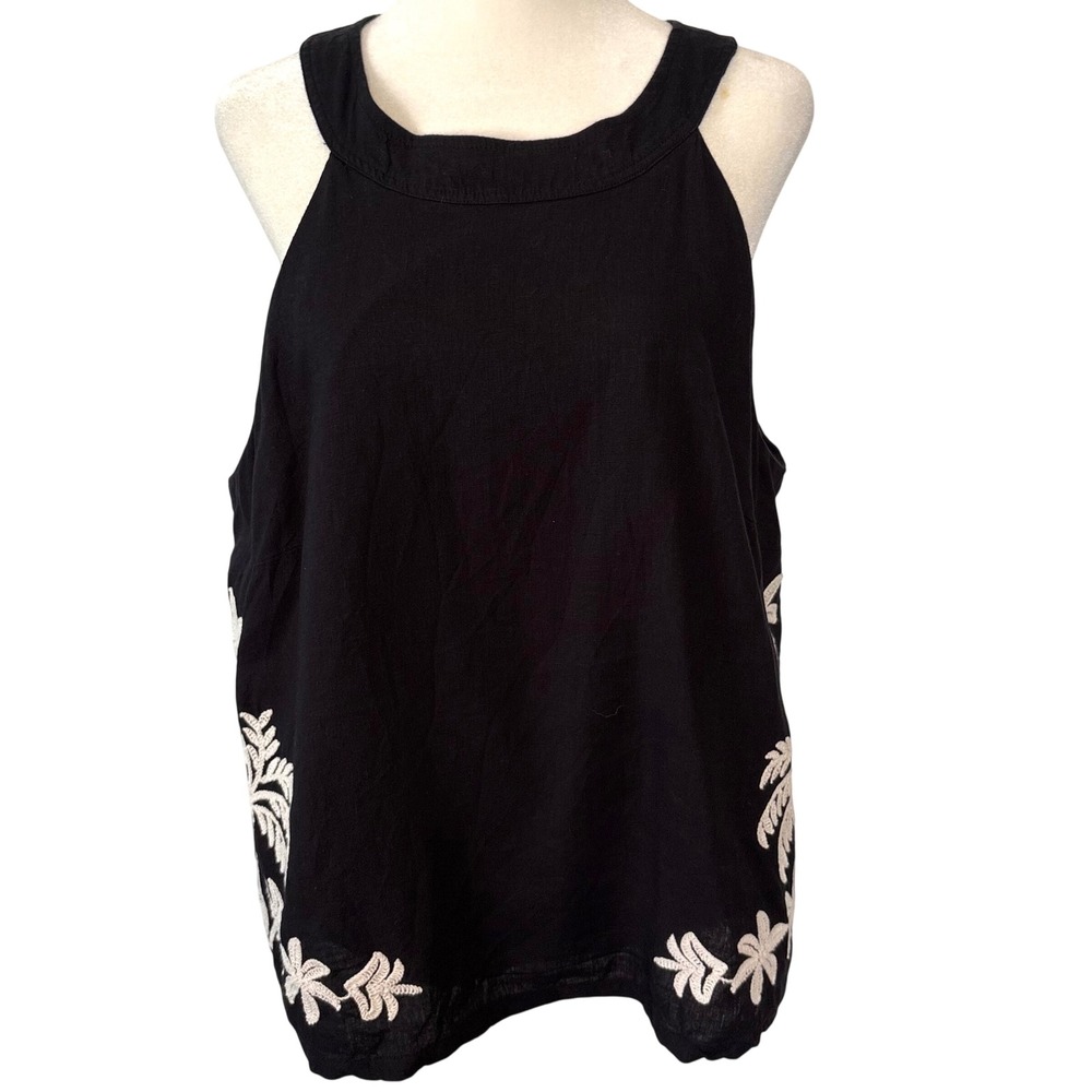 Ann Taylor Women's Black Linen Blend Embroidered Sleeveless Top in Size L